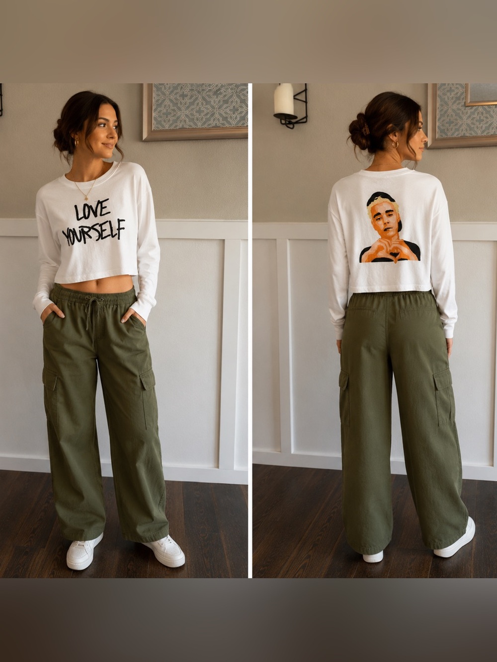 Justin Bieber 2017 Justmoji Love Yourself Long Sleeve Crop Top Tee White M